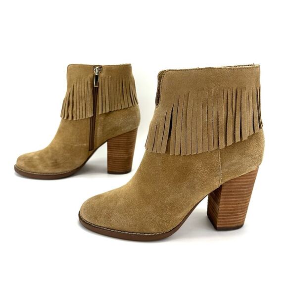 Neiman Marcus Avale Tan Ankle Boot Size 8 Suede Fringes Block High Heel Bootie - Picture 15 of 15